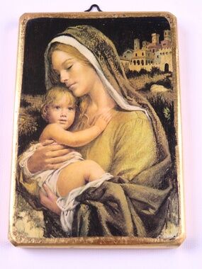 Small MADONNA & CHILD Wood Plaque Wall Art 4" X 5.5"